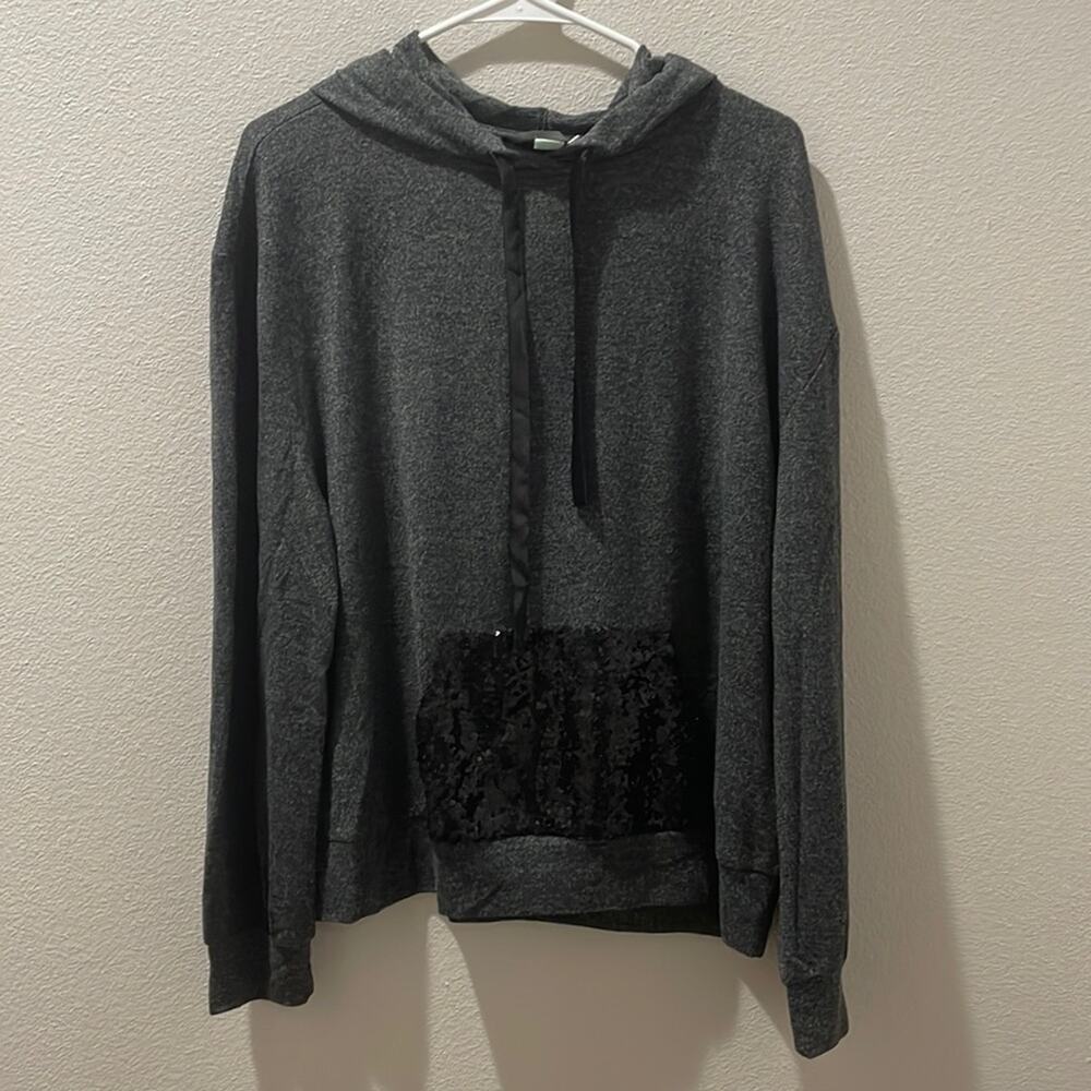 ANTHROPOLOGIE SATURDAY SUNDAY Gray Sequin Hooded Pullover Top Size L